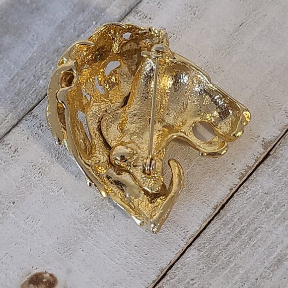 Vintage Lion Head Gold Tone Brooch Pin Rhinestone Eye Leo Zodiac 3d Profile - Picture 5 of 8